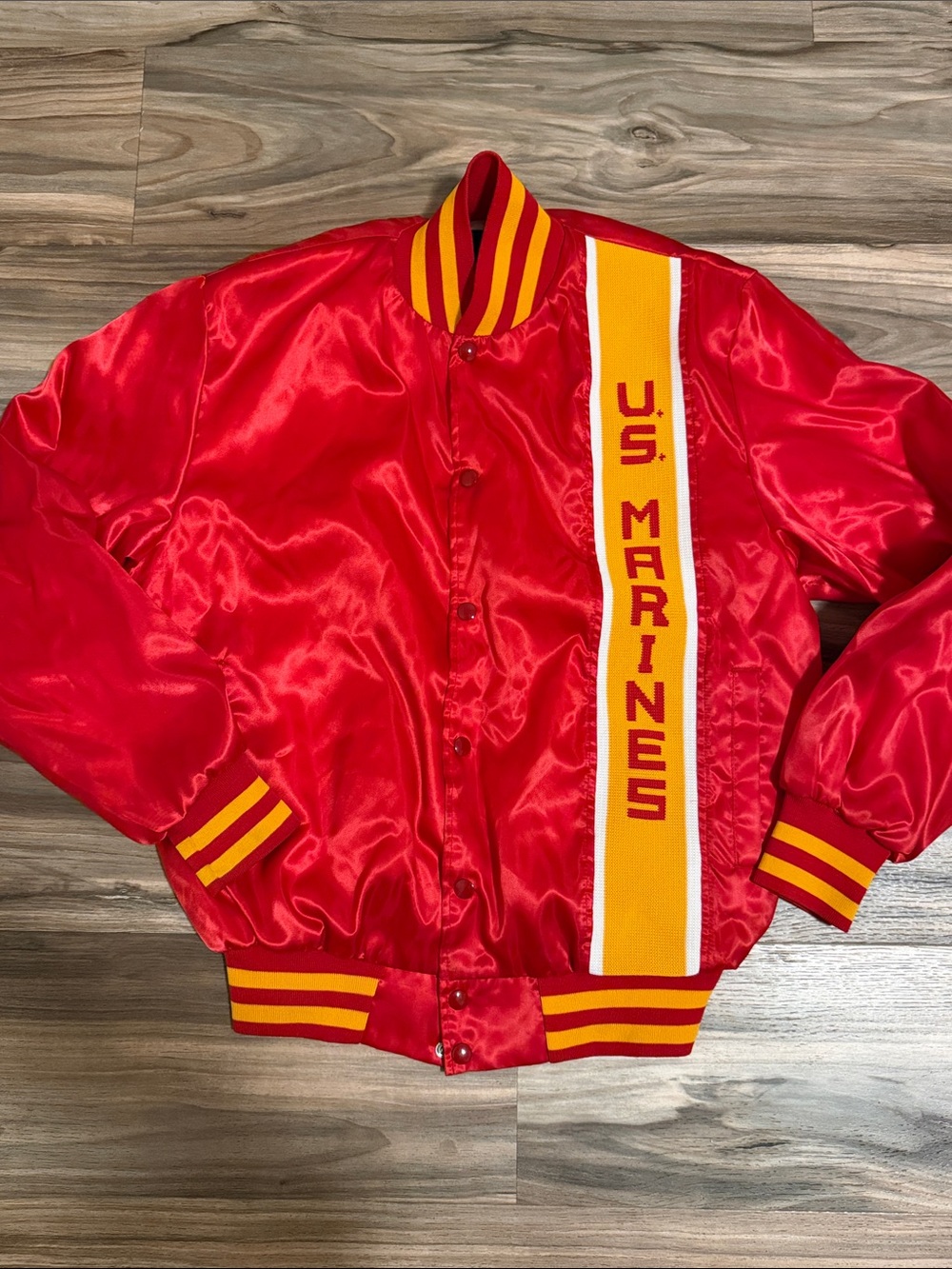 Vintage 80s Swingster US Marines Vertical Knit Logo Satin Bomber Jacket Size M